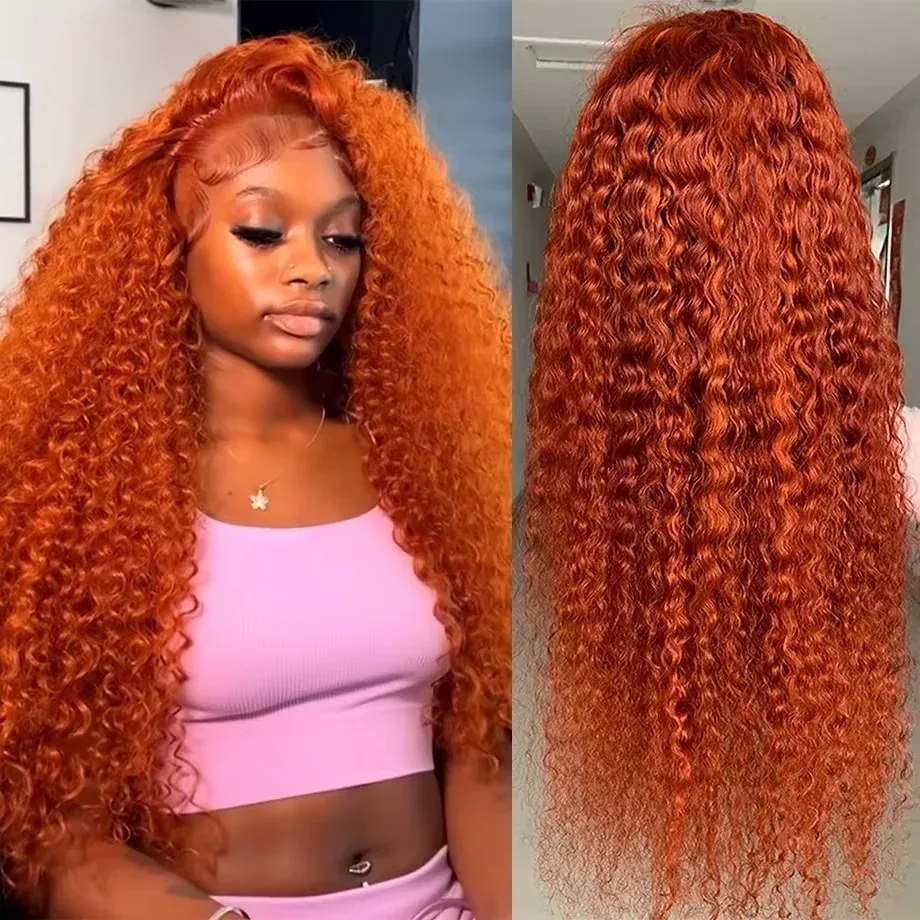 

Orange colored Water wave 13x6 hd lace frontal human hair wig Preplucked deep wave 30 inch ginger lace front curly wigs on sale