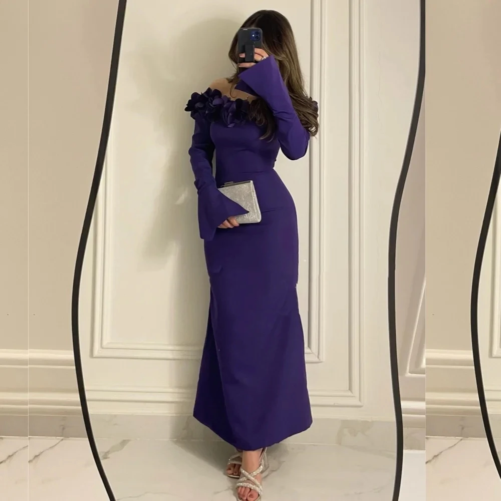 

Purple Floral Long Sleeves Bespoke Occasion Gown Evening Dresses Pastrol Unisex Jersey Retro Dubai Saudi Arabic Prom Customized