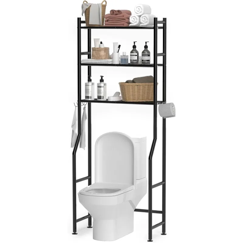 Space Saver Metal Bathroom Shelves, Freestanding Above Over Toilet Storage Shelf with 4 Hooks fo