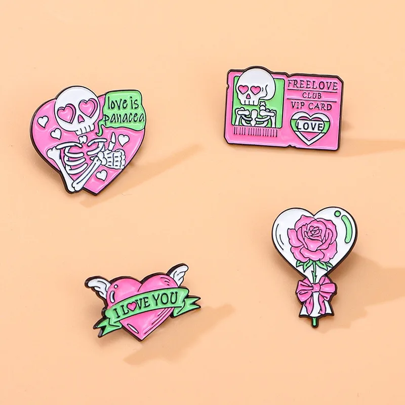 New Pink Heart Skull Brooch Romantic Rose Metal Pin Badge for DIY Clothes Bags Shoes Hat Scarf Tshirt Jeans Unisex Accessory