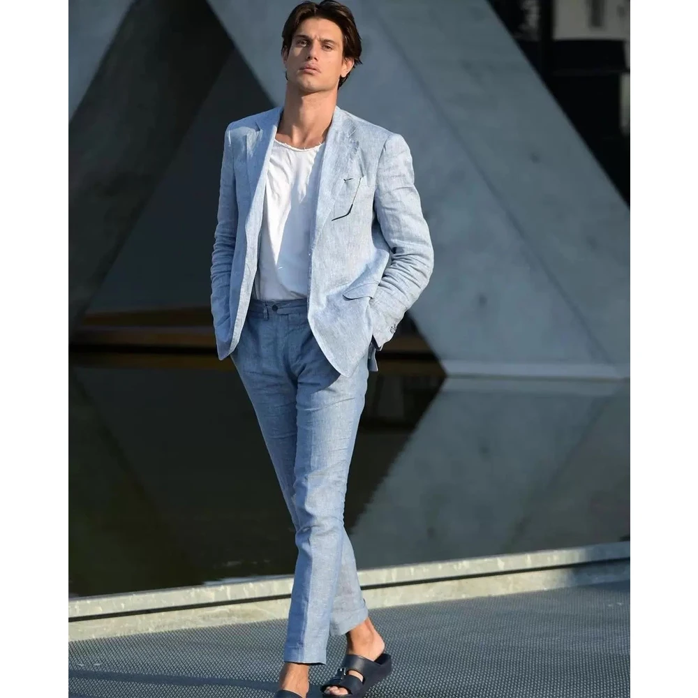 Dusty Blue Linen Men Suits Summer 2 Pieces Outdoor Travel Beach Men Clothes One Button Notched Lapel Blazer Jacket Tuxedos Pant