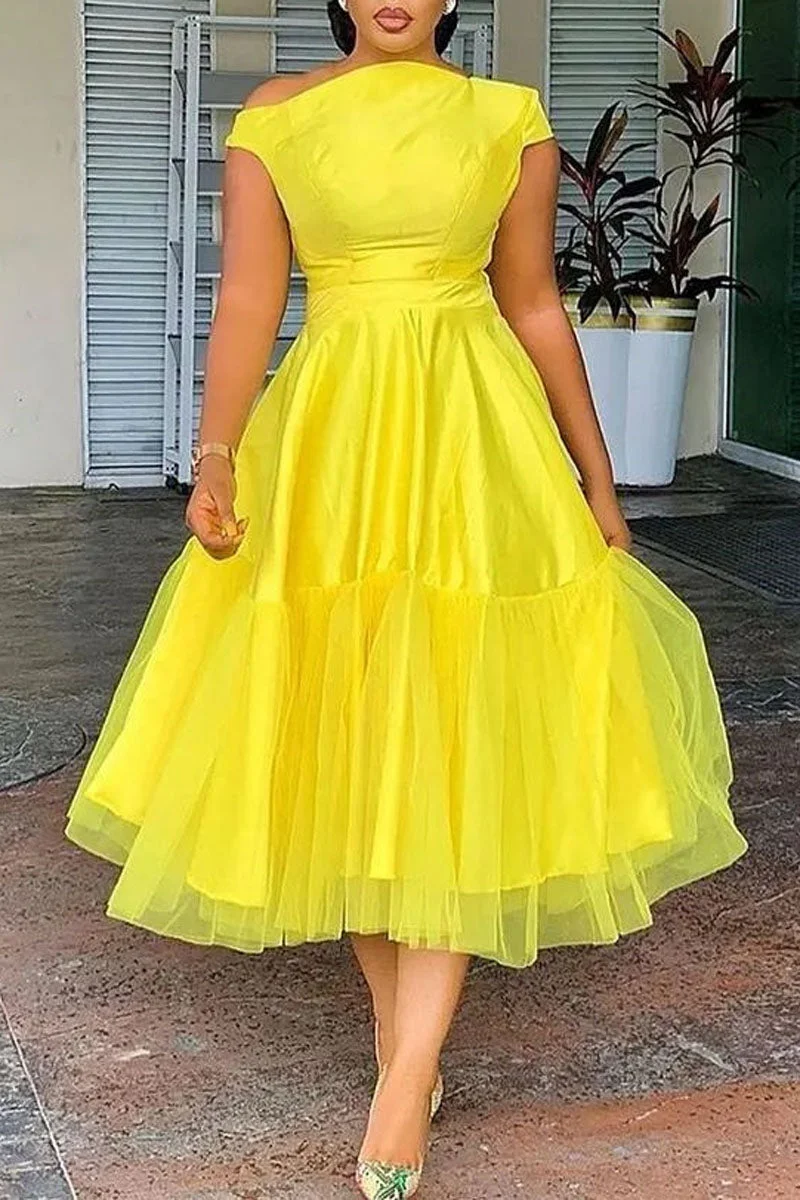 Plus Size Elegant A-line Tulle Midi Dress for Women Off The Shoulder Party Club Wedding Guest Prom Dresses Midwaist Dress