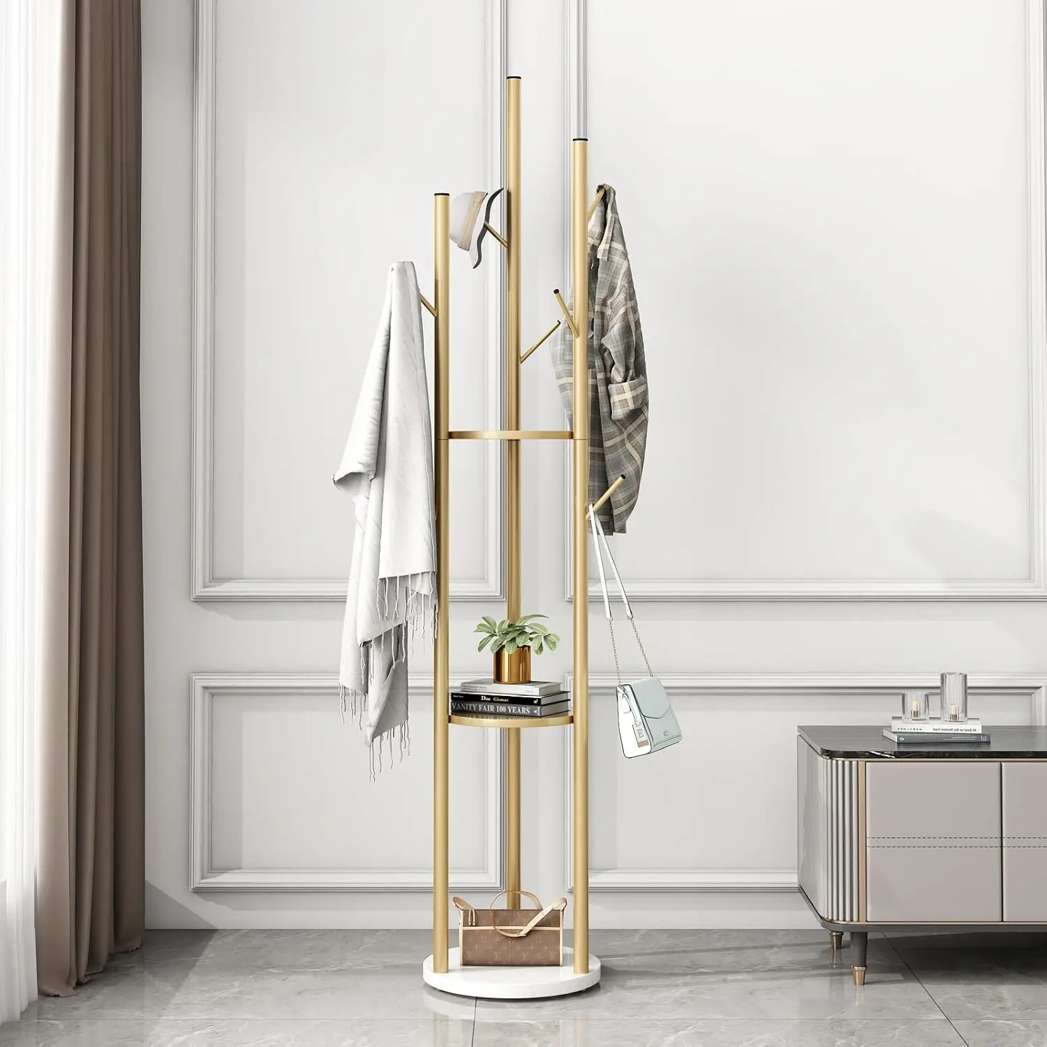 Gold Coat Racks Freestanding with 9 Hooks, Metal Coat Stand with Heavy Marble Base, Entryway Coat Tree Hanger, Purses Racks view 2