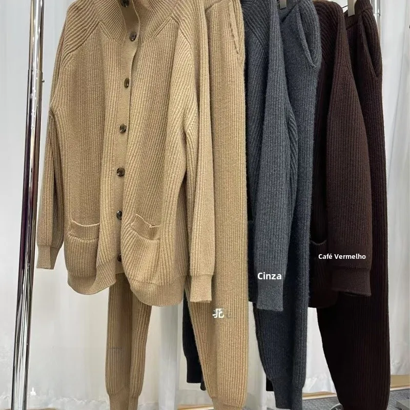 Calças Longas de Lã Tricotadas para Mulheres Europeias e Coreanas Minui, Ajuste Solto, Perna Larga, Conjunto de Moda Chic p...