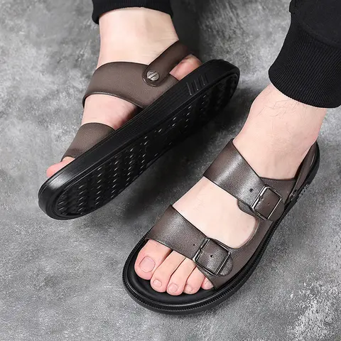 Men's Genuine Leather Sandals Beach Shoes Lightweight Soft Rubber Sole & Latex Interlayer for Summer Comfort​​ Footbed Quick-Dry