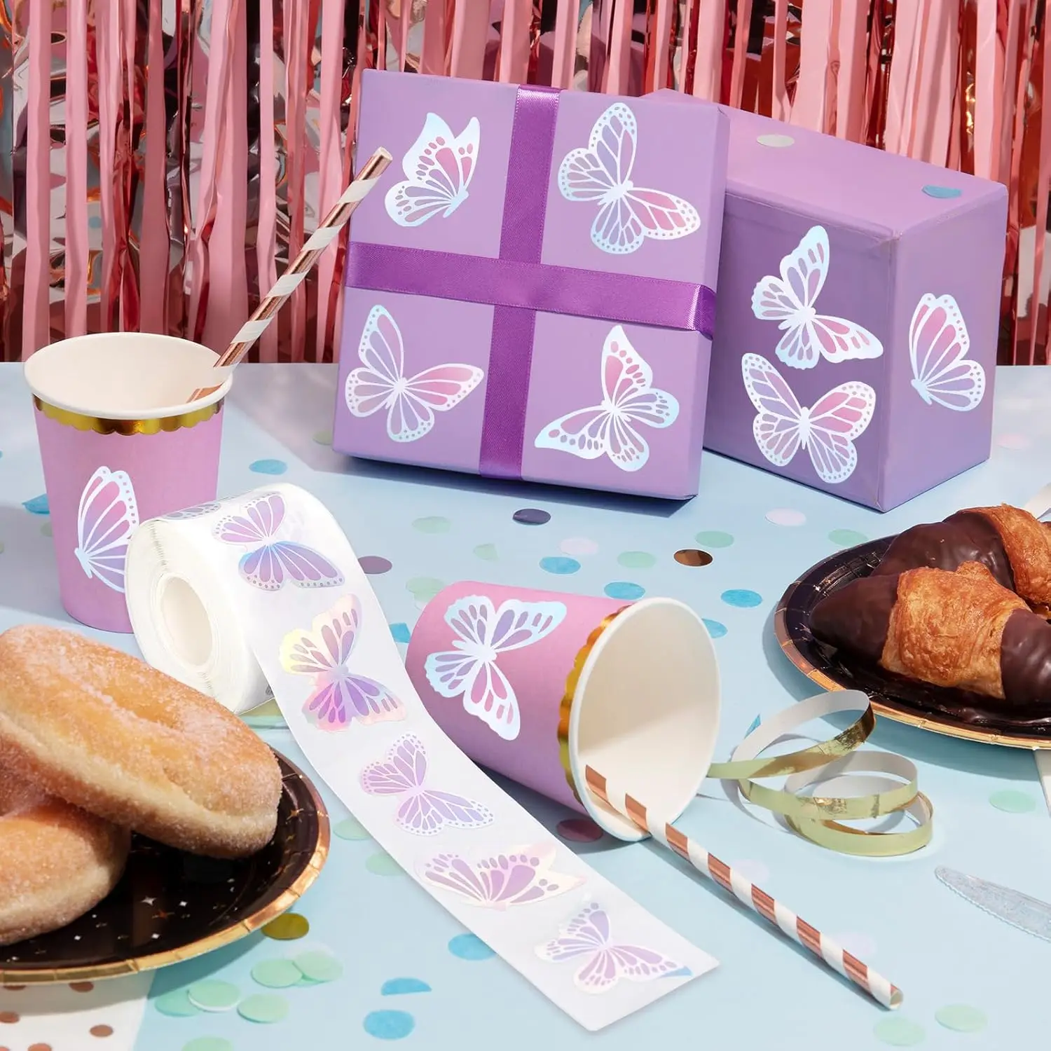 Spring Butterfly Seal Stickers Roll Iridescent Purple Laser Holographic Waterproof Self-Adhesive Decals for Envelope Journal