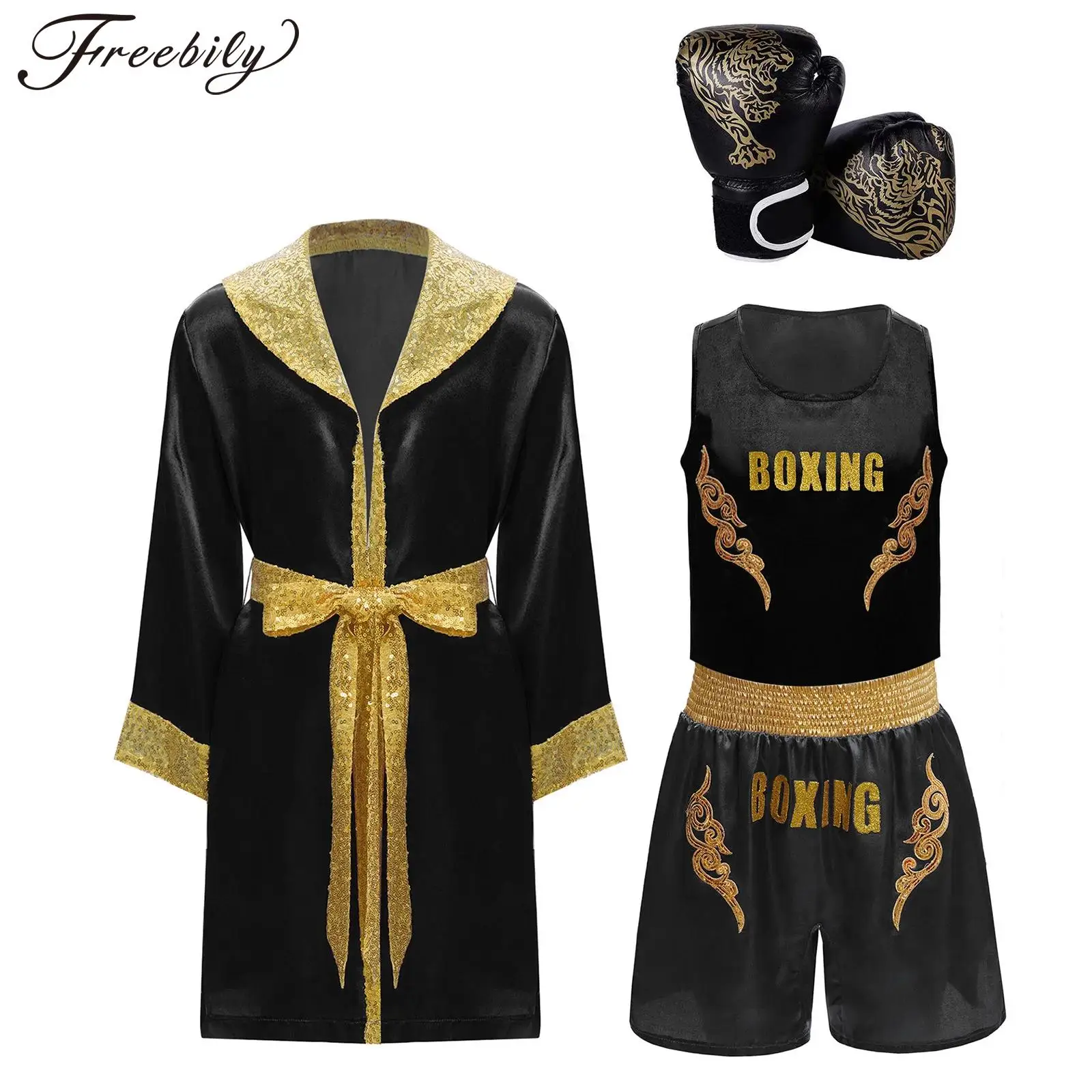 

Боксерский костюм для мальчиков и девочек, детский боксерский наряд на Хэллоуин, 4 шт., костюм для тайского бокса, боксерский халат, майка, шорты и боксерские перчатки