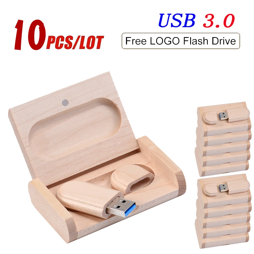 

10PCS/LOT Wooden USB 3.0 Flash Drive 16GB Pen drive 64GB 32GB with Box Memory Stick Creative gift U disk for Laptop Free logo