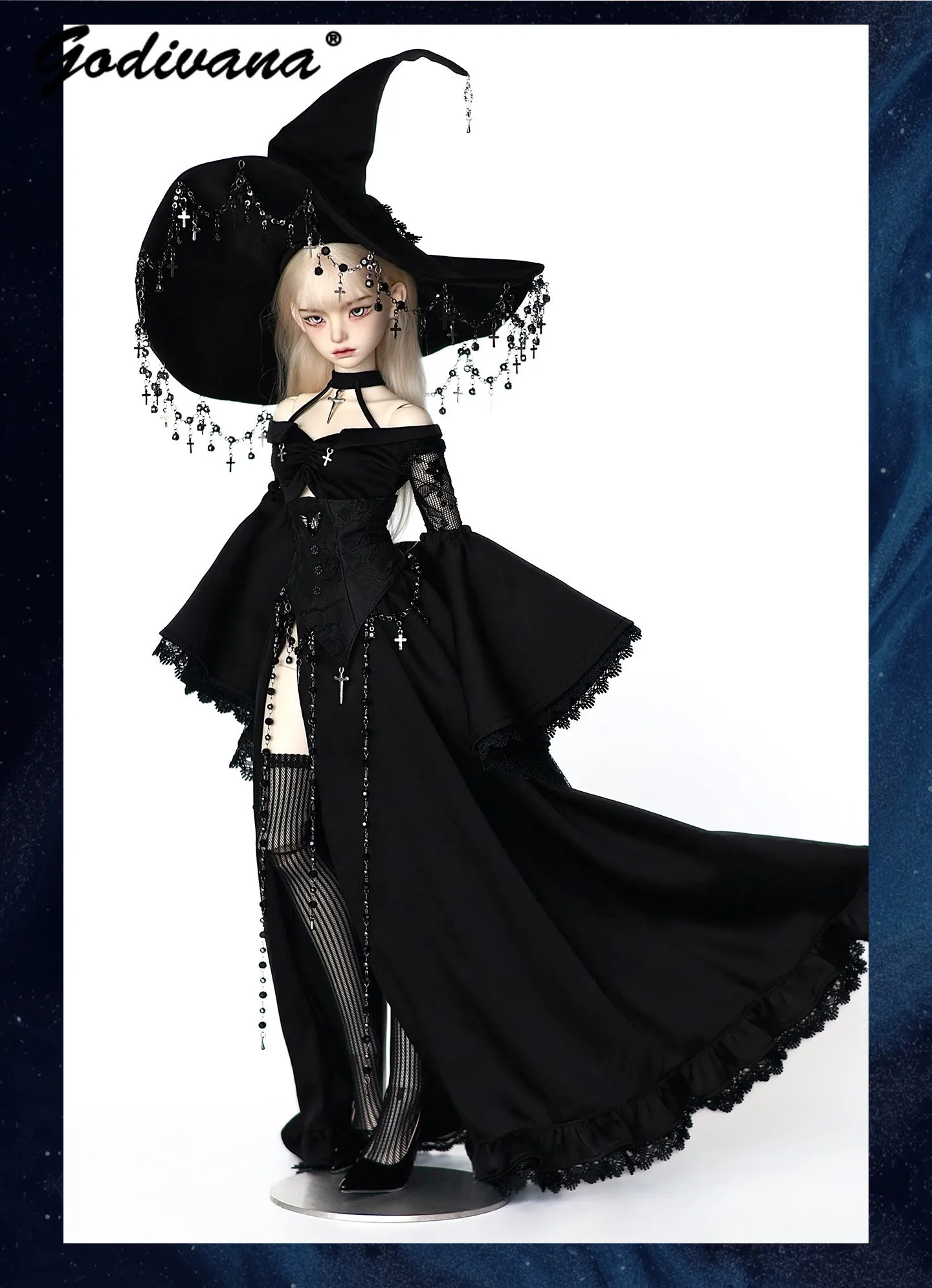 Large 1/4 BJD Doll Clothes Dark Goth Vintage Witch Suit Elegant Black Off Shoulder Lace Embroidery Corset and Skirt Set with Hat