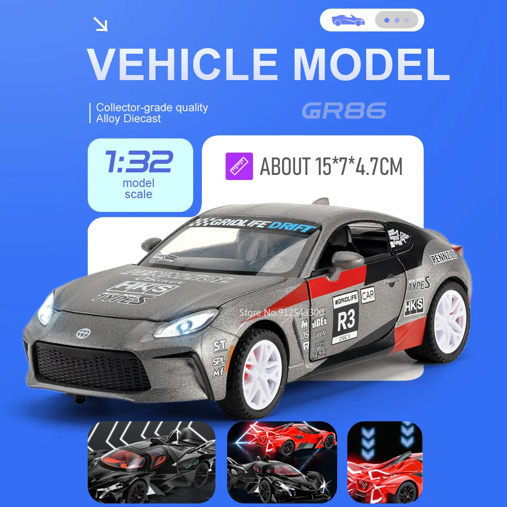 1:32 Scale GR68 Crown Car Model Toy Sound Light Doors Opened Models Pull Back Alloy Diecast Vehicle for Husband Holiday Gifts