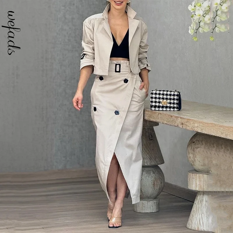 Wefads Autumn Women 2 Piece Set Long Sleeve Lapel Solid Top A Line Slim Irregular Slit With Button Long Skirts Sets Streetwear