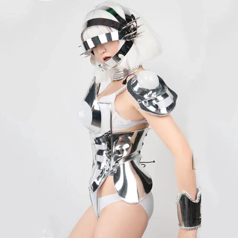 Party Show Nightclub Bar Ds Gogo Costumes Mirror Costume Tech Reflective Bodysuit Headgear  Stage Pole Dance Cloth