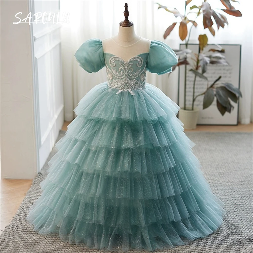 Princess Tiered Formal Dress For Girls, Lace-up Tulle Ball Gown Flower Girl Dresses For Wedding With Lace Appliques