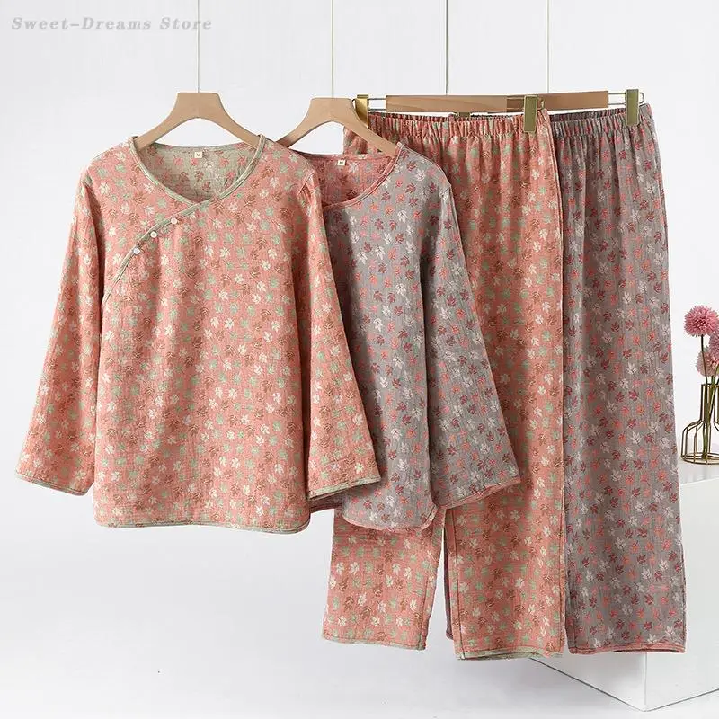 Cotton Sleepwear Set for Women Spring Autumn Home Clothes Chinese Style Pajamas Print Long Sleeve Top&Trouser Comfortable Pyjama