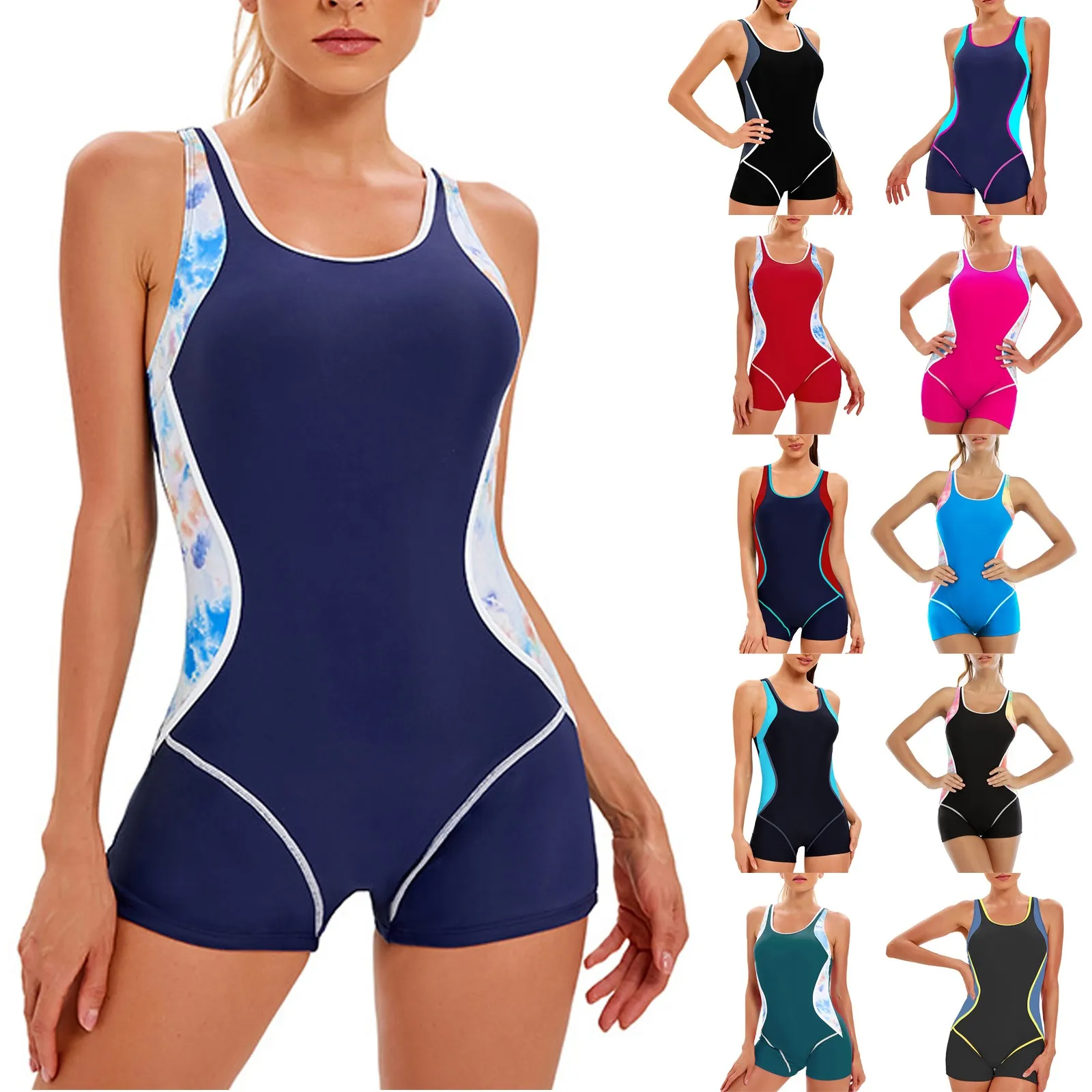 Women's Sport Swimsuit Sleeveless Conservative One-piece Sexy Backless Wetsuit With Chest Pad Color Matching Boxer Swimming Suit