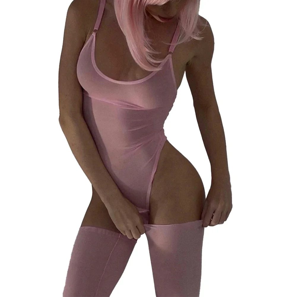 Donna Porno Sexy Maglia Trasparente Tuta Bretelle Calze Abito a due pezzi Scava Fuori Costumi erotici Body senza schienale