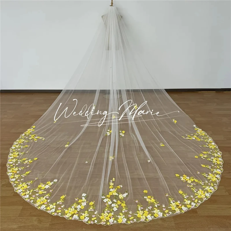 

Желтый, белый, зеленый, 3D цветы, цветочная фата, аксессуары для невесты, собор, длинная с расческой, тюль цвета слоновой кости, уникальный