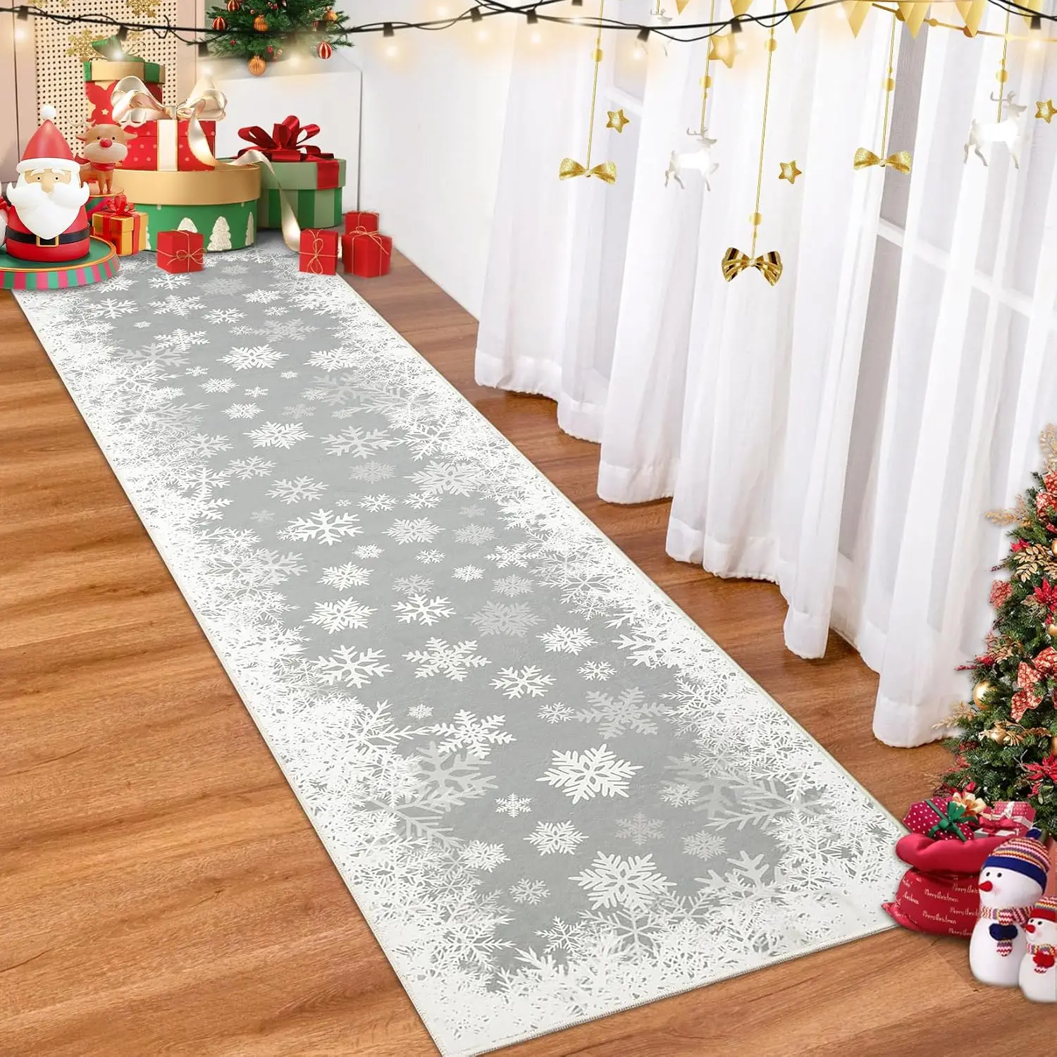 

Christmas Runner Rug mas Snowflake Hallway Rug Non Slip Kitchen Rugs Low Pile Indoor Floor Carpet Holiday Decor for Bedroom