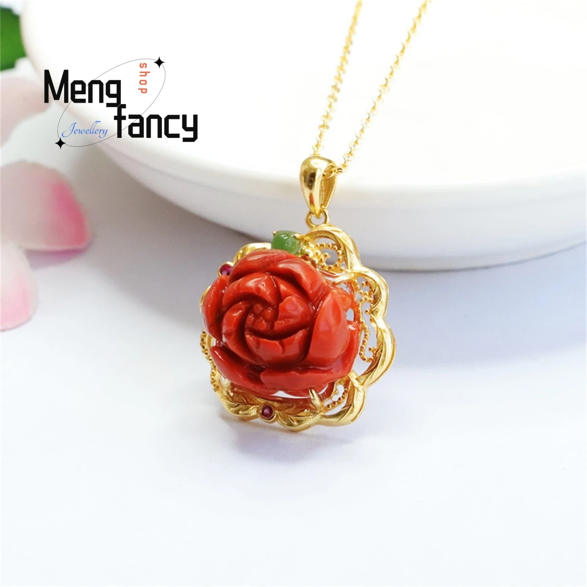 Natural S925 Silver Inlaid Baoshan South Red Agate Full-color Fleshy Peony Necklace Simple Generous Charm Fashion Women Jewelry