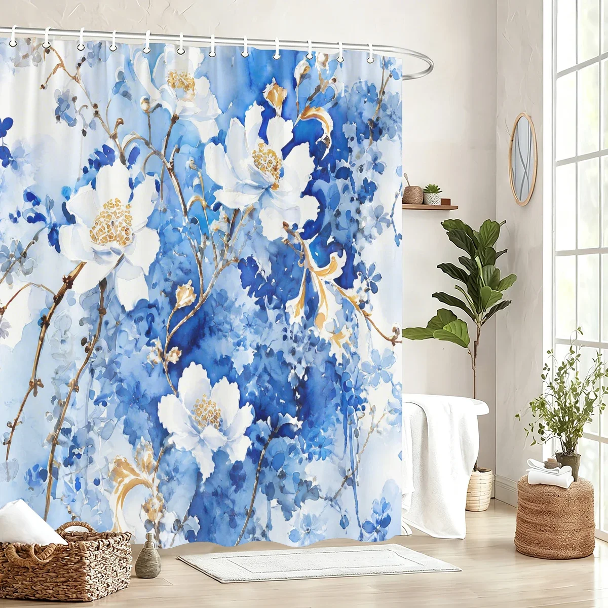 Vibrant Patterned Polyester Bathtub Curtain - Stylish Bathroom Decor with Dragonfly, Jellyfish, Octopus Floral Designs