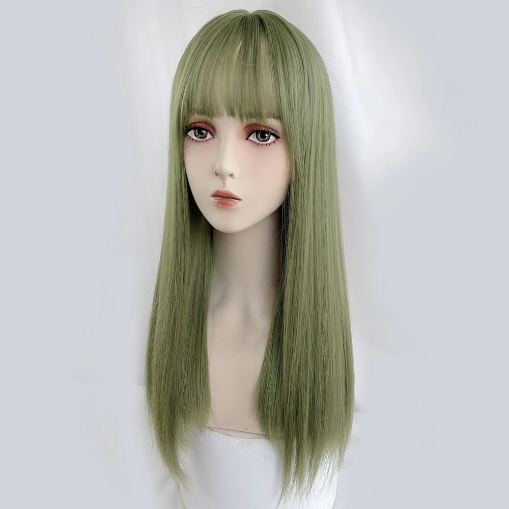 Pelucas verdes sintéticas largas y rectas con flequillo para mujer, peluca de pelo esponjosa Natural de Lolita para Cosplay para fiesta diaria