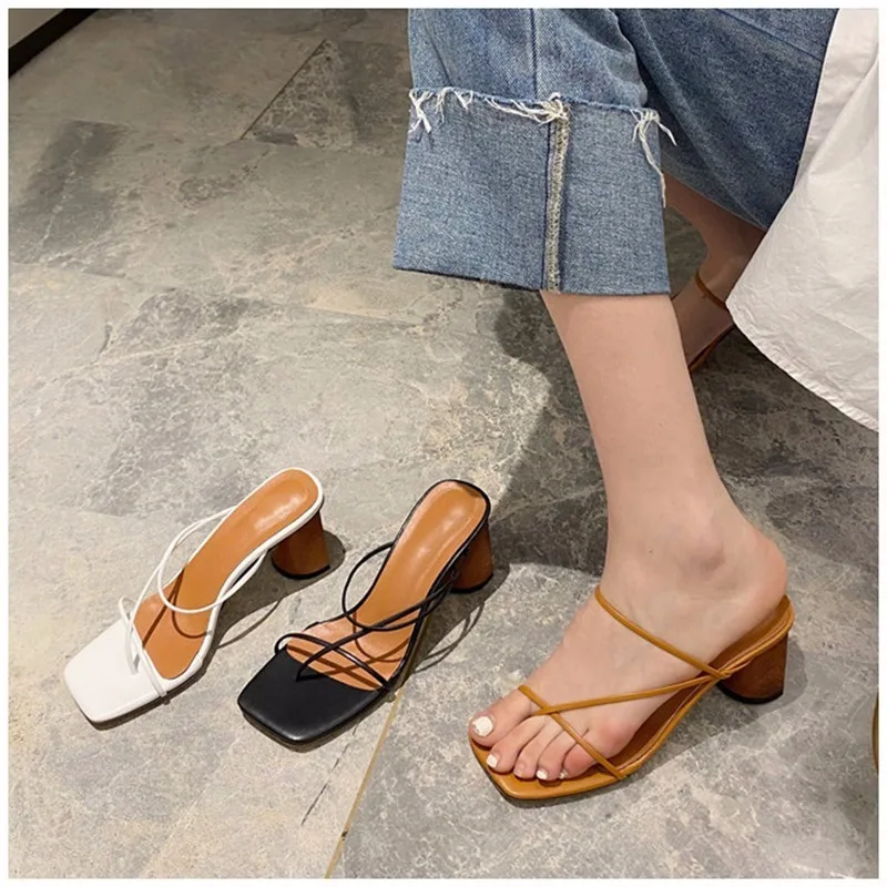 Summer Square Heel Shoes Square Toe Sandals Ladies Thick Heels Mid-heels Sexy Solid Color Slippers Sandals Zapatos De Mujer