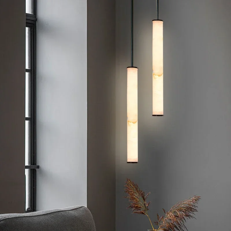 Cylindrical Alabaster Pendant Light White Drop Long Pendant Light for Dining Table Hanging Light Decor Bedroom Bedside Lighting