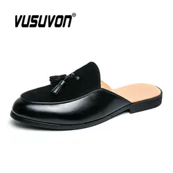 Men Mules Slippers Suede Leather Loafers Moccasins Outdoor Non-slip Black Casual Slides Summer Spring Fashion Shoes