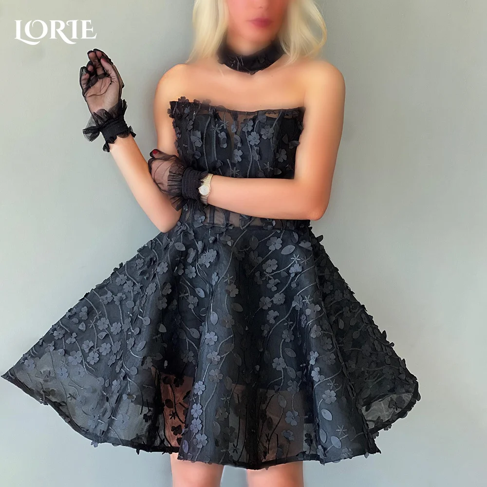 

LORIE Mini Evening Dress Saudi Strapless Prom Dress Sexy 3D Flowers Illsion Short Lace up Party Dress Customized Cocktail Dress