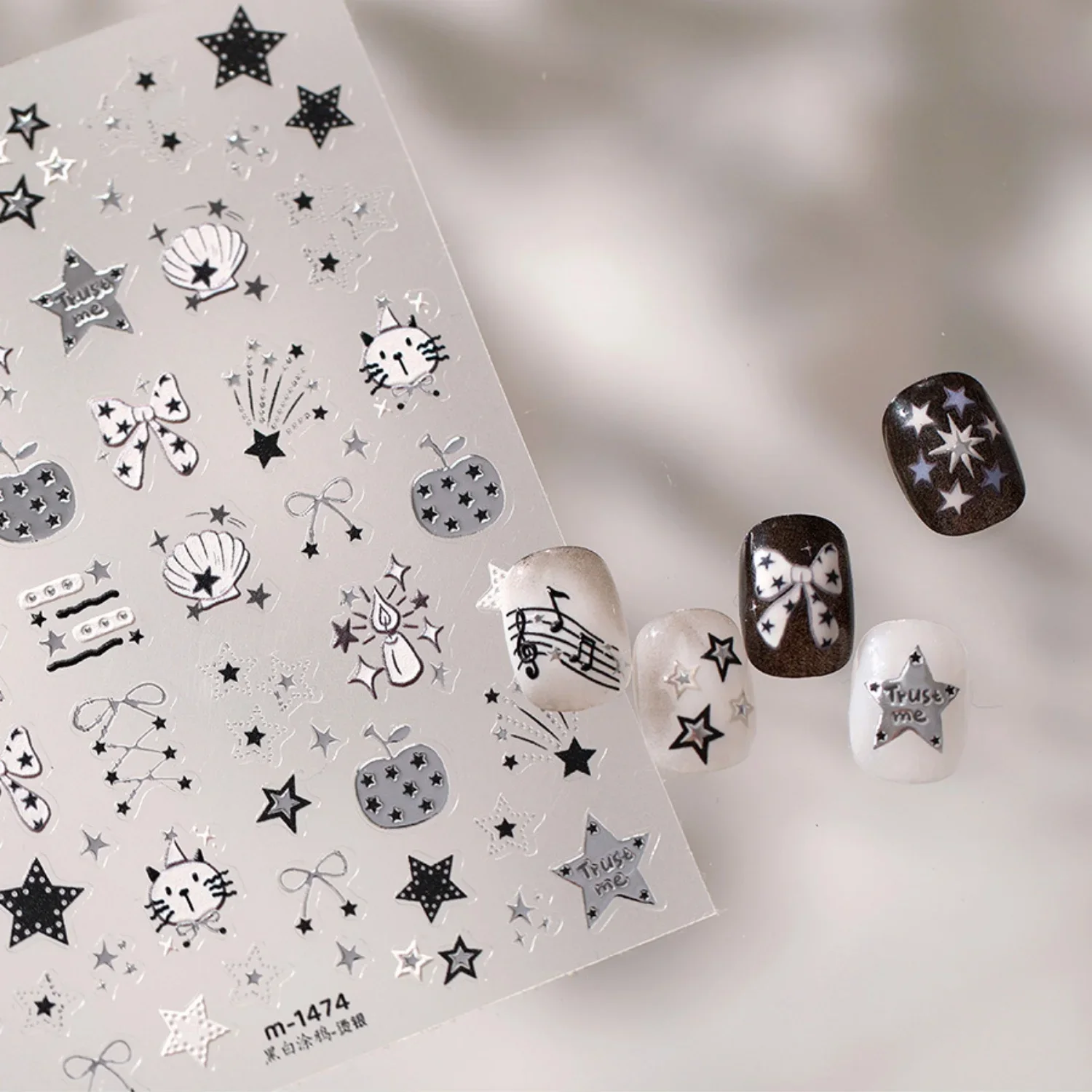 5D Black White Nail Stickers Cat Polka Dot Apple Pentagram Bow Music Note Crescent Firework Star Shell Cute Self Adhesive Decal