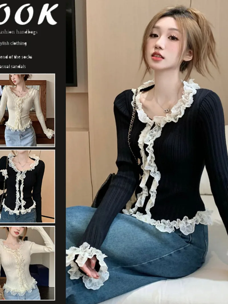 Lace edge knitted cardigan jacket for women's 2024 autumn new design soft and sticky wood ear edge niche and unique top CWKT