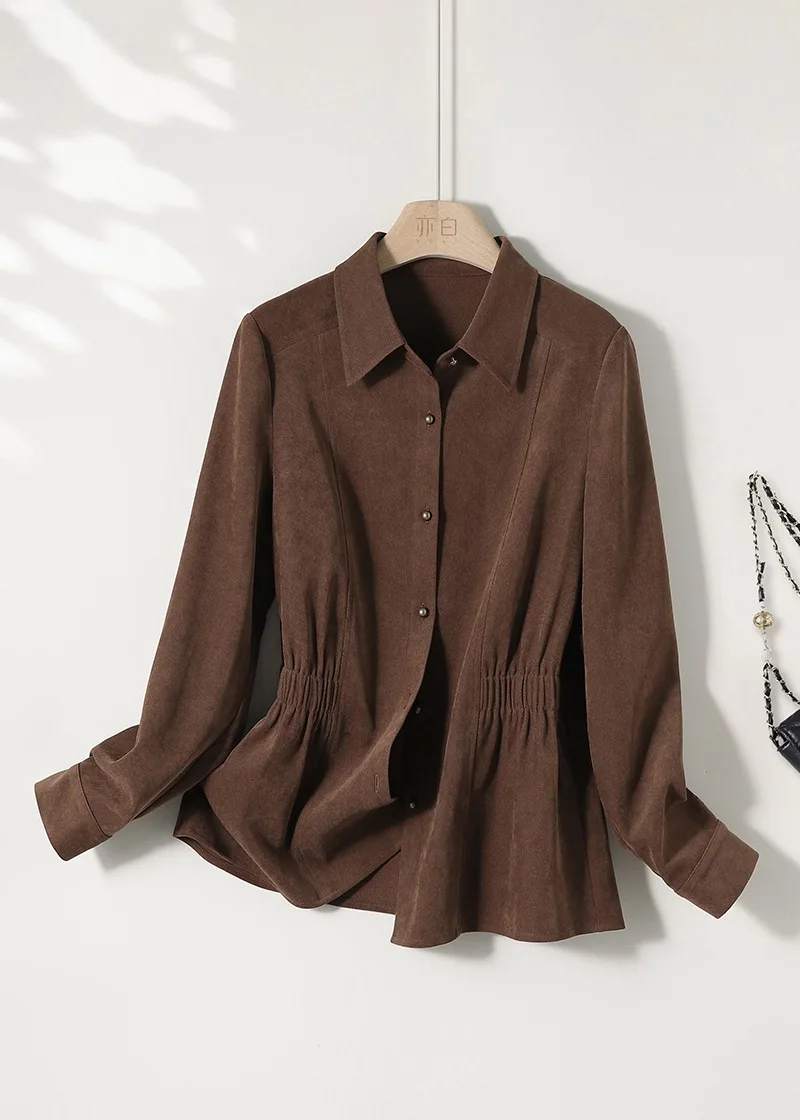 

retro Minimalist Brushed Textured Coffee Shirt For Autumn Women Slim-fit Lapel Shirt Sun Protection Casual Simple Panele Design
