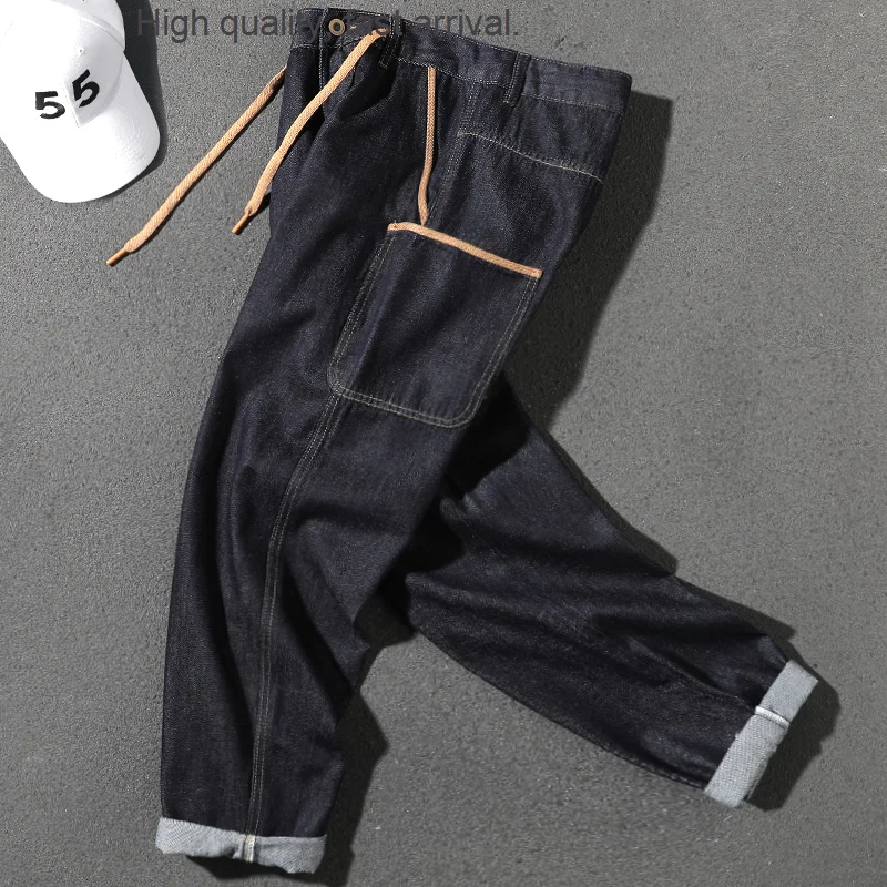 

Brand Jeans Fashion Men 'S Handsome Korean Style Loose Multi-Pocket Straight Pants Lace-Up Contrast-Color Side Loose Trousers