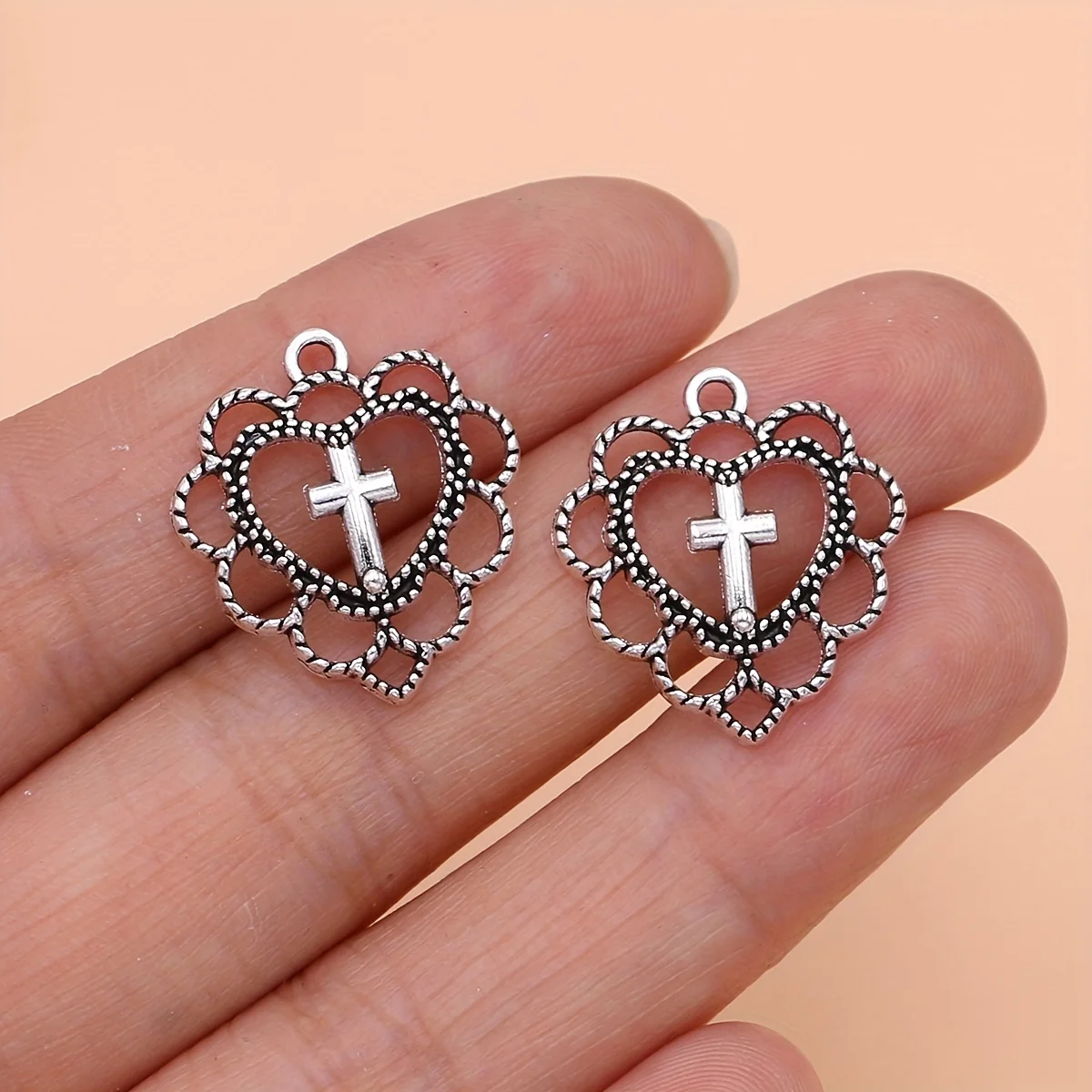 10/20/50Pcs Silvery Hollowed Out Heart Charms Cross Pendants For Jewelry Making DIY Handmade Necklace Earrings Accessories