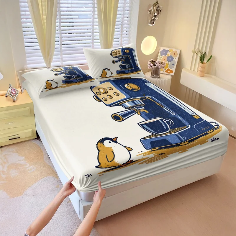 Retro Penguin Fitted Sheet Set Funny Coffee Machine Print Bed Sheet Set Deep Pocket Bed Cover Home Decor Gift Soft Bed Linen