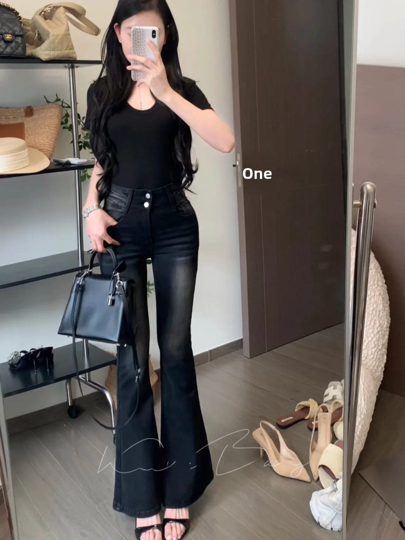 

High Waist Slim Fit Bell Bottom Jeans Women's Spring Summer Slimming High Waist Cotton Stretch Denim Floor Length Pants