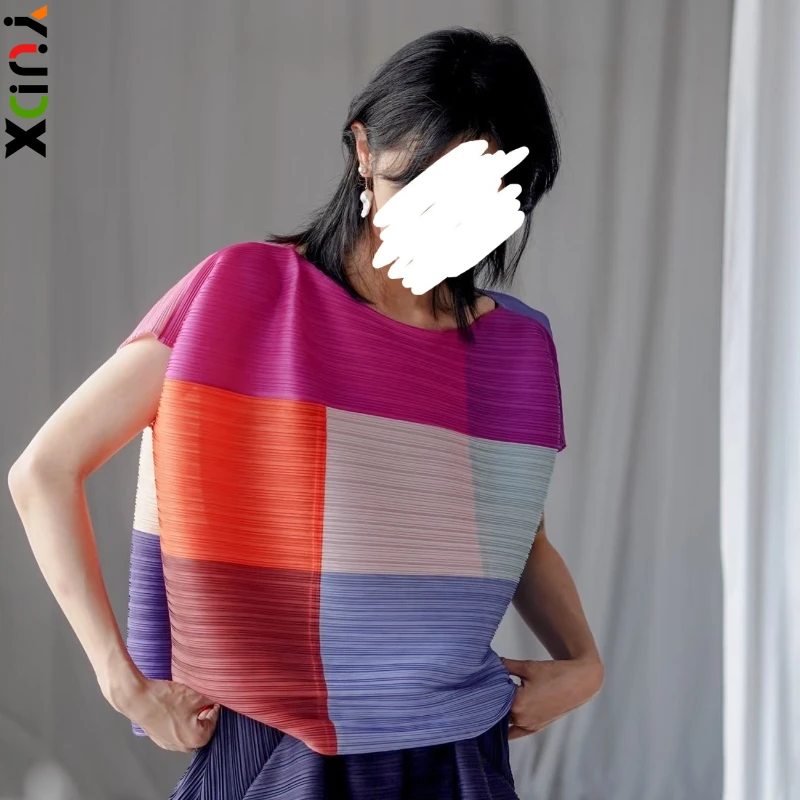 

Vibrant Color Block Miyake Pleated Sleeveless Top&Midi Skirt Lightweight Wrinkle-Resistant Women's Daily Vacation Beach Clothing