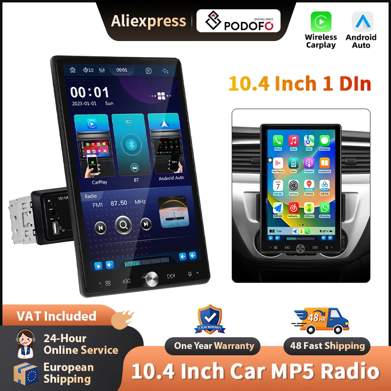 Podofo 10,4 Zoll 1 Din Wireless CarPlay Autoradio mit automatisch drehbarem Bildschirm, Android Auto, universeller Auto-MP5-Player, MP5-Multimedia-Player, Mirrorlink, FM-Headunit, AUX,