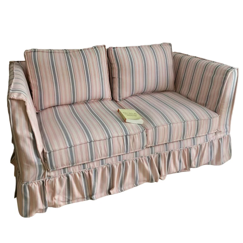 

French retro medieval cream wind pink striped double sofa removable and washable fabric living room