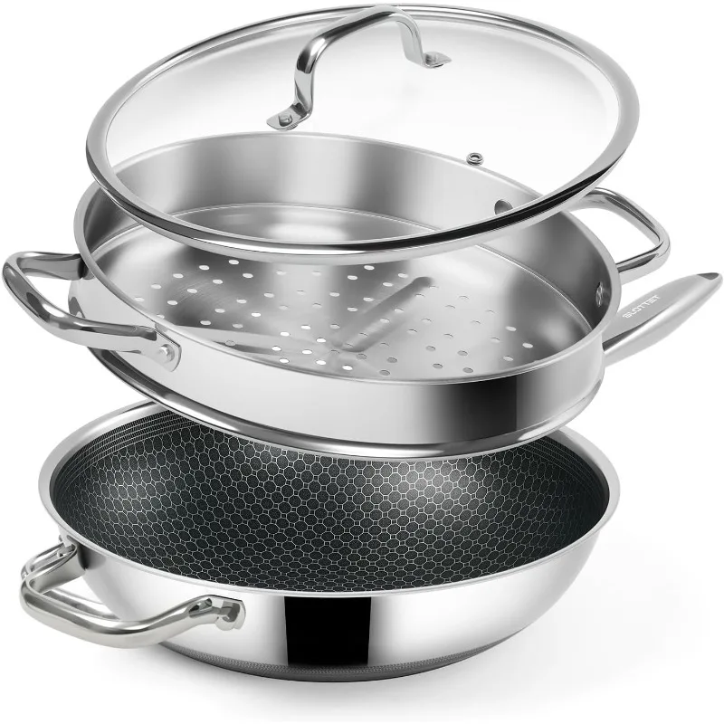 

12-Inch Wok with Steamer,Nonstick Stainless Steel Woks & Stir-fry pans with Lid,Stay-Cool Handle,PFOA Free Cookware,Dishw