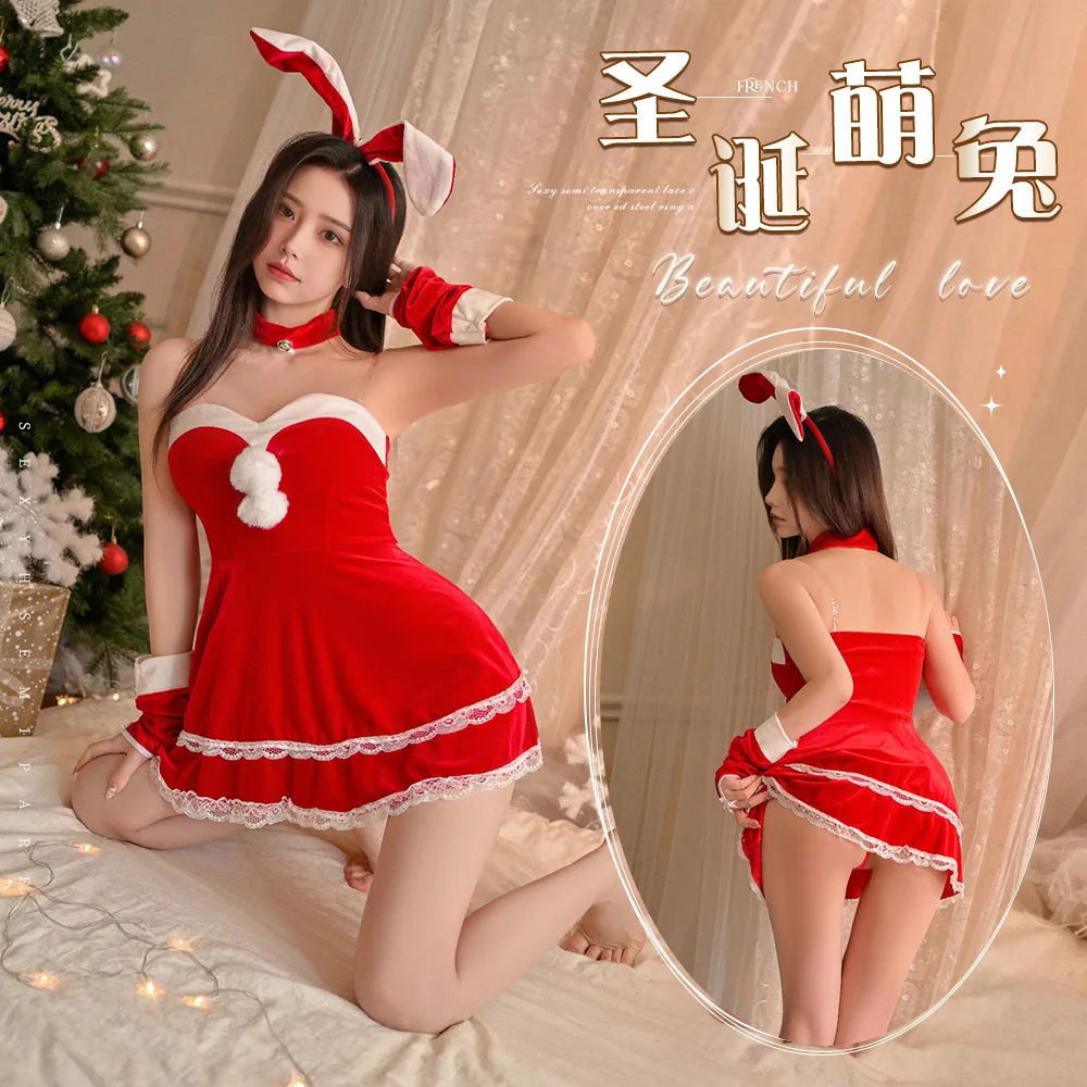 

New Ou Shilin Christmas Day Clothing Velvet Tub Top Red Dress Girls Sexy Sleeves Bunny Uniform Set