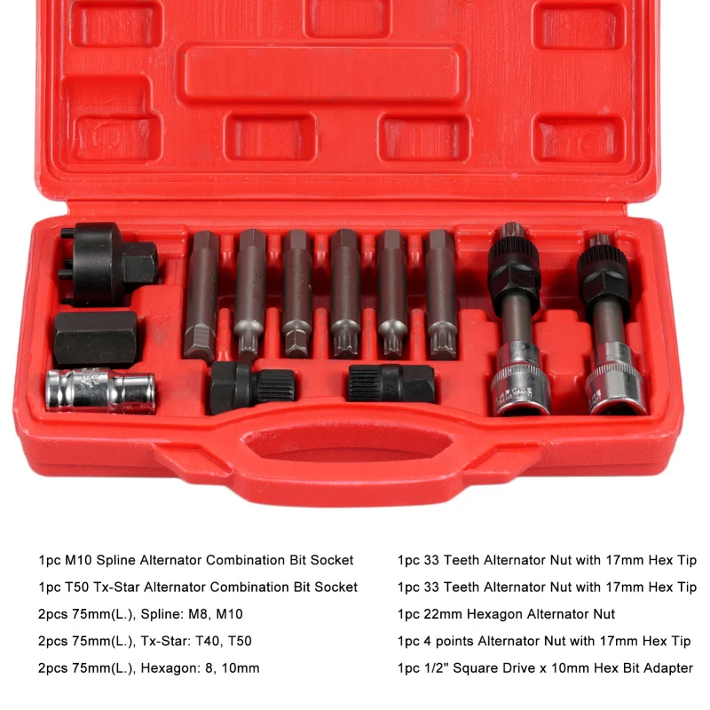 13 Pcs Alternator Pulley Tool Kit Alternator Freewheel Pulley Puller Removal Engine Auto Tool Set Insert Bit Socket Set Tool Kit