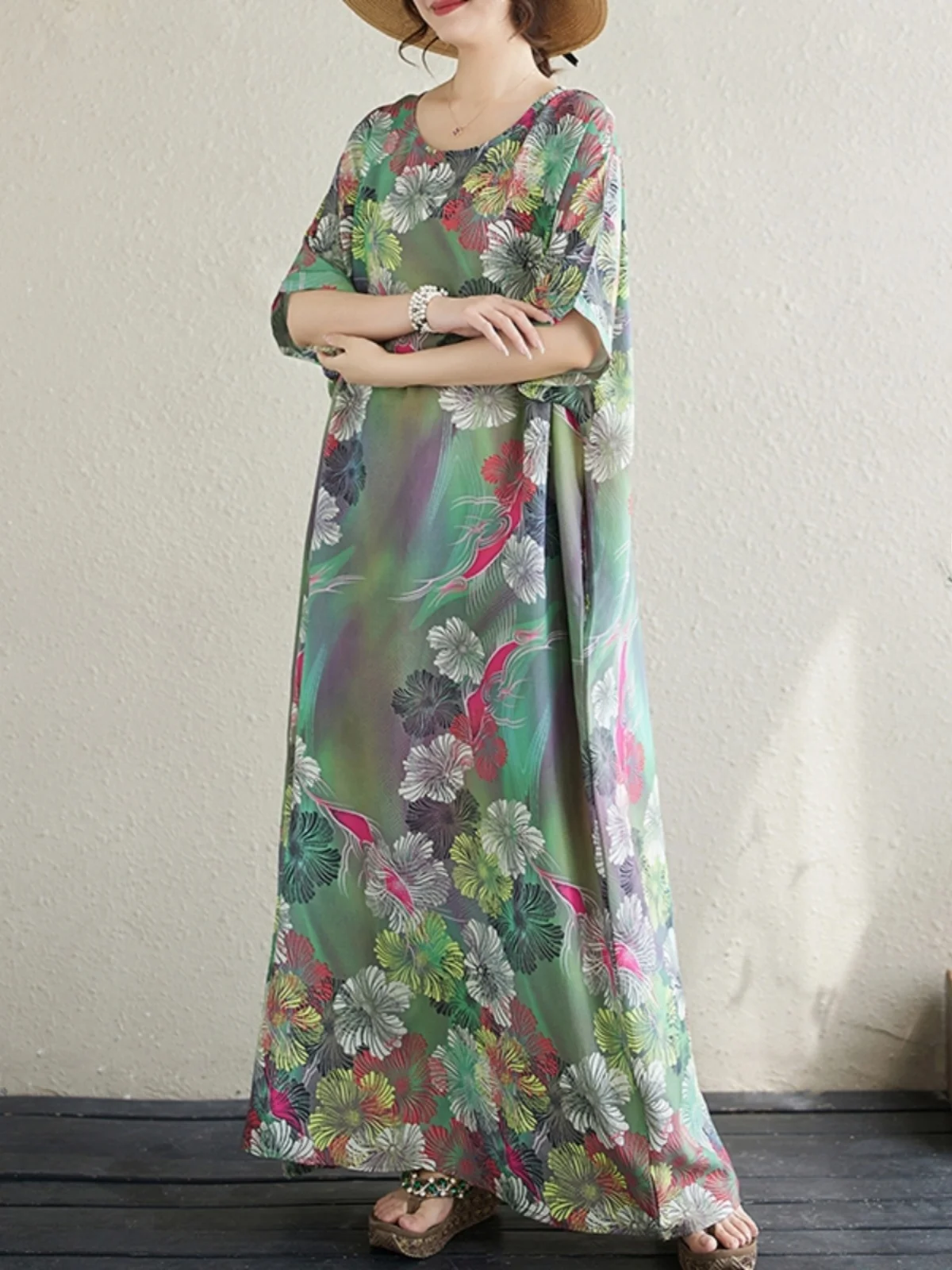 تنورة شاطئ طويلة فضفاضة من Summer n مزيج القطن والحرير جولة Ne Print Dr Sweet Sle عطلة الرياح الصيف رداء طويل