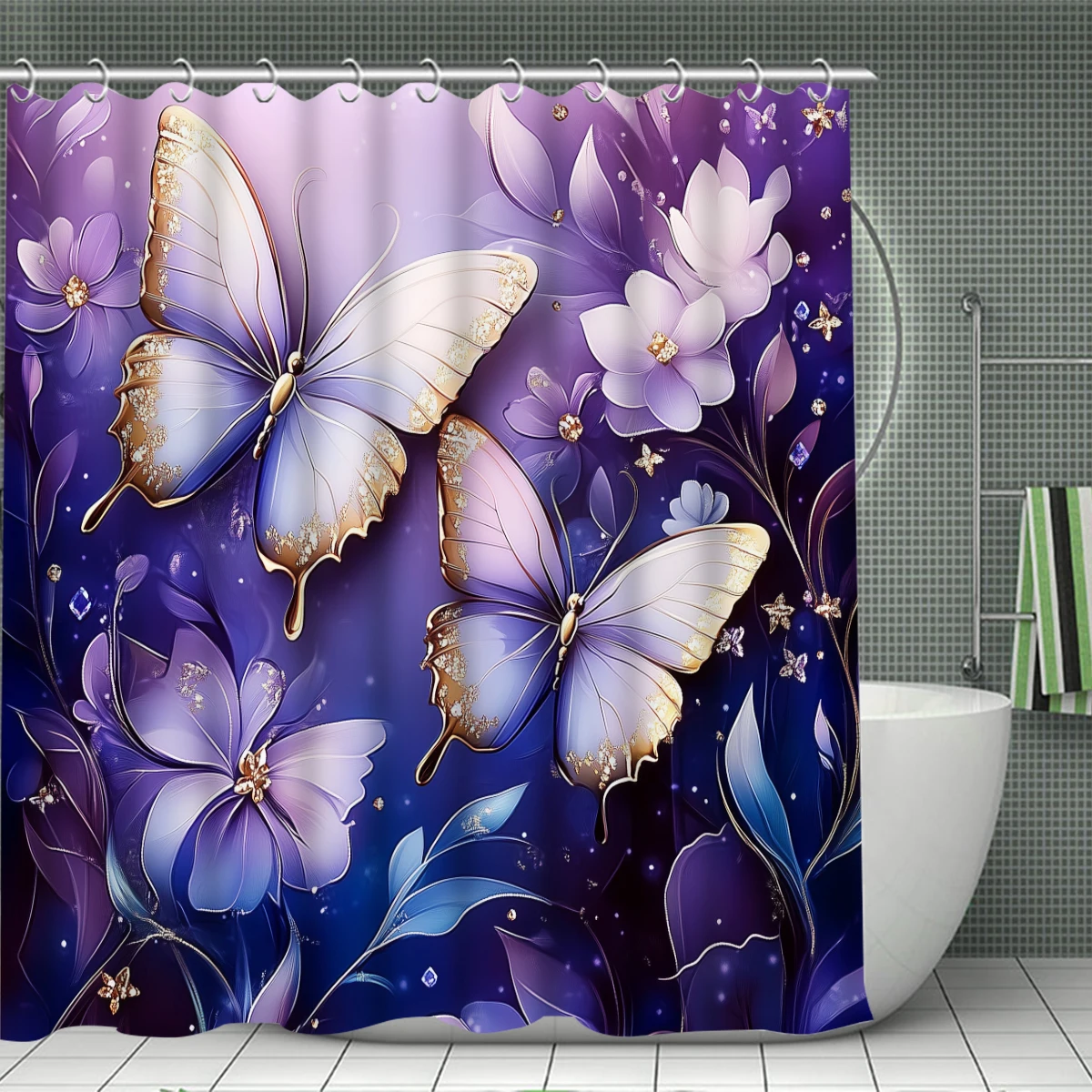 1/4PC Butterfly Purple flowers 3D shower curtain set,waterproof shower curtain and waterproof non-slip carpet,12free hooks