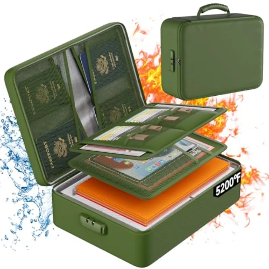 

5200°F Document Organizer with LockUpgraded Heat Insulated Fireproof＆Waterproof Box 8 Layers File Organizer Portable Home Trave