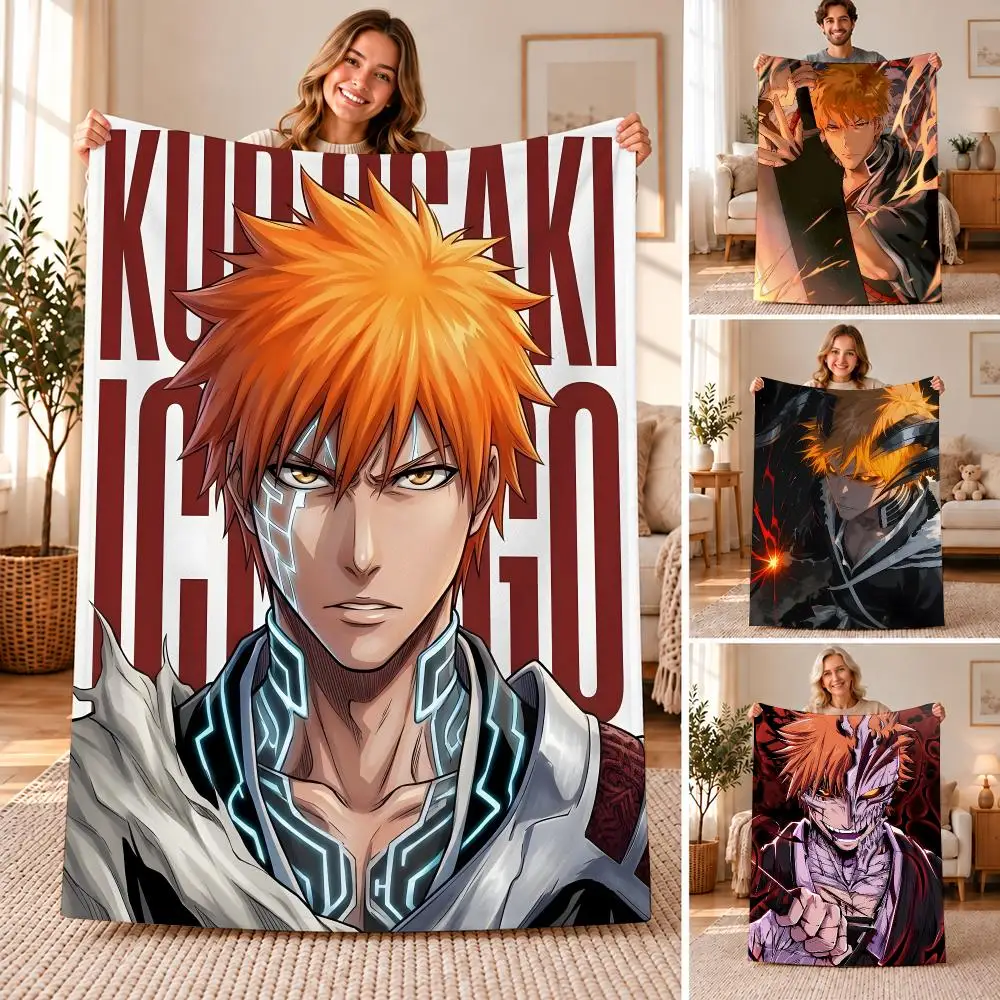 anime Ichigo Kurosaki Throw Soft Flannel Throw Blanket for Sofa, Bed Dorm Nap Pet Blanket Gift Available
