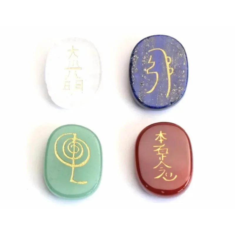 4 Pieces Natural Chakra Semi-precious Stone Quartz Lapis Obsidian Crystal Reiki Healing Balance Usui Symbols Set