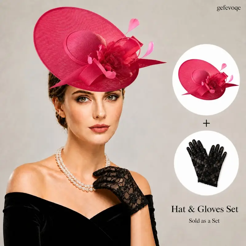 

2Pcs Women Flower Feather Fascinator Hat Lace Gloves Set Elegant Headpiece for Wedding Bridal Tea Cocktail Party