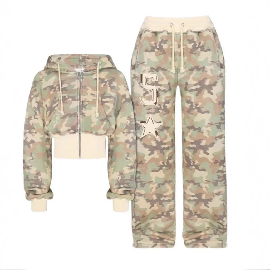 

2025 new European and American clothing women's clothing explosive camouflage cardigan long-sleeved trousers suit women