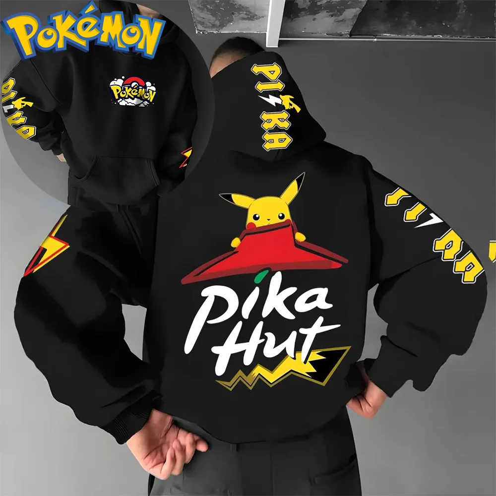

Хлопковая толстовка с капюшоном и брюками Харадзюку в стиле аниме «Покемон Пикачу», черный комплект из двух предметов с принтом персонажей, повседневная уличная одежда, одежда для дома
